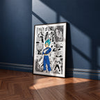 Vegeta Super Saiyan Blue manga poster inspired by Dragon Ball in a black frame against a navy blue wall