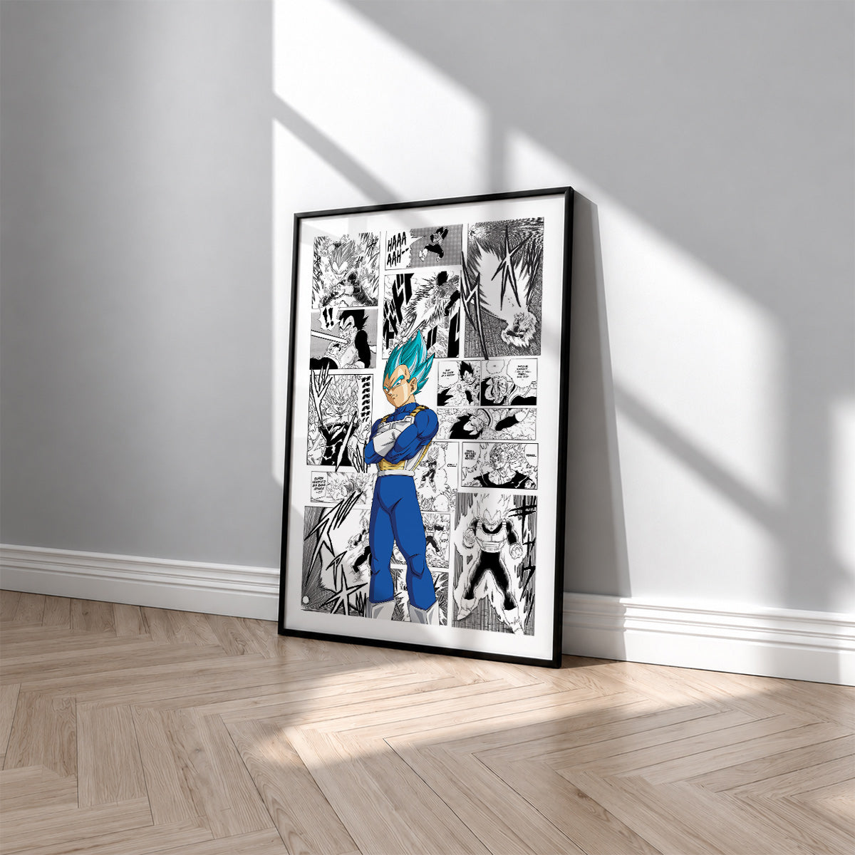 Vegeta Super Saiyan Blue manga poster inspired by Dragon Ball in a black frame against a light gray wall