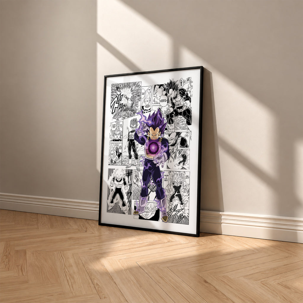 Vegeta Ultra Ego manga poster inspired by Dragon Ball in a black frame against a warm beige wall