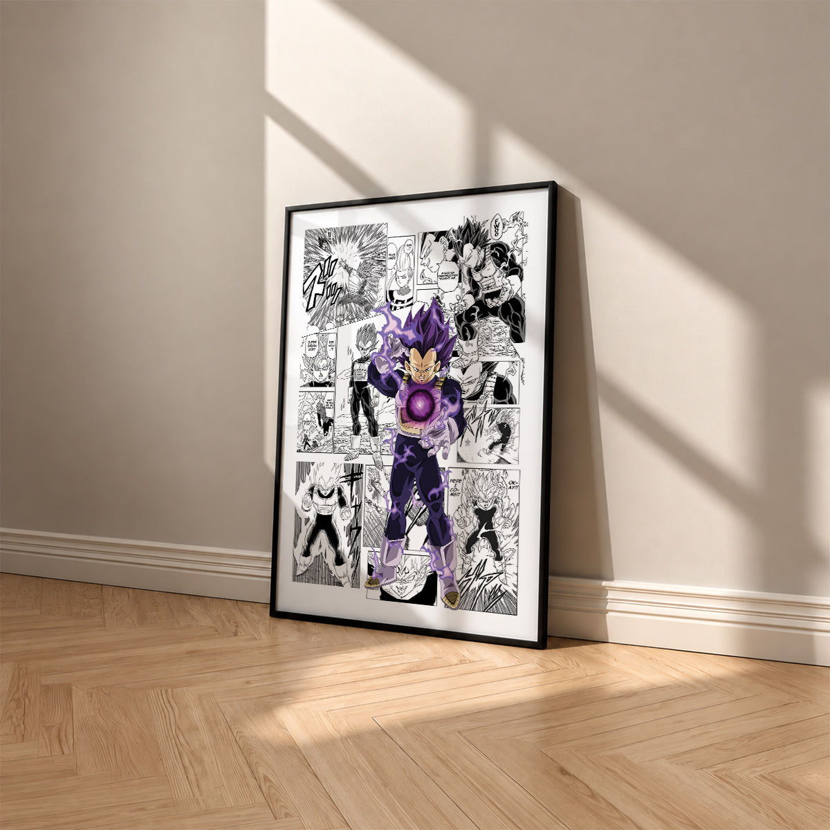 Vegeta Ultra Ego manga poster inspired by Dragon Ball in a black frame against a warm beige wall
