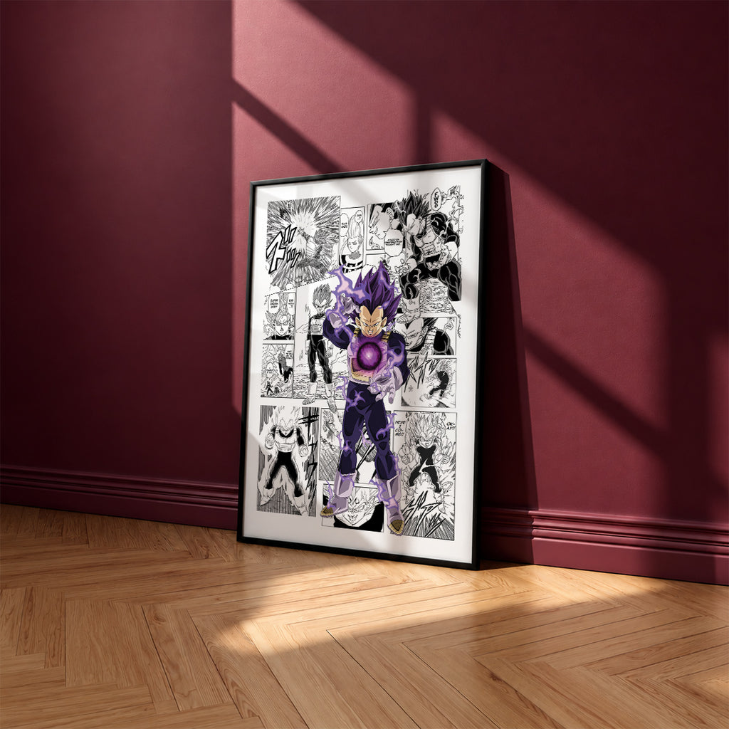 Vegeta Ultra Ego manga poster inspired by Dragon Ball in a black frame against a burgundy wall