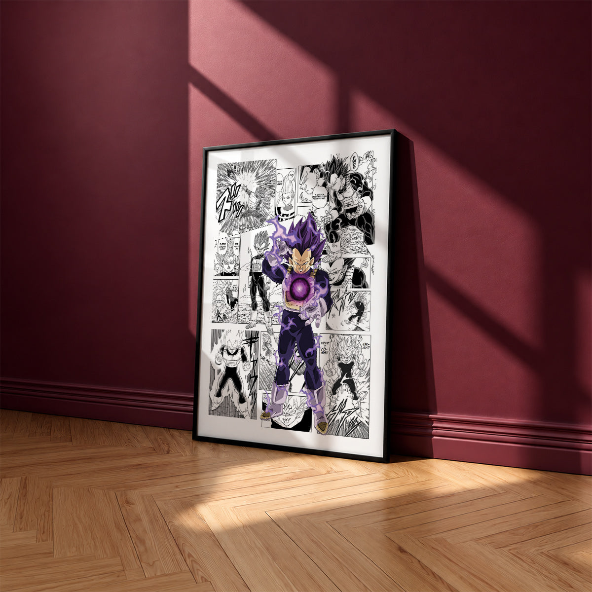 Vegeta Ultra Ego manga poster inspired by Dragon Ball in a black frame against a burgundy wall
