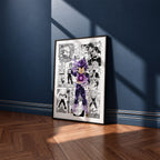 Vegeta Ultra Ego manga poster inspired by Dragon Ball in a black frame against a navy blue wall