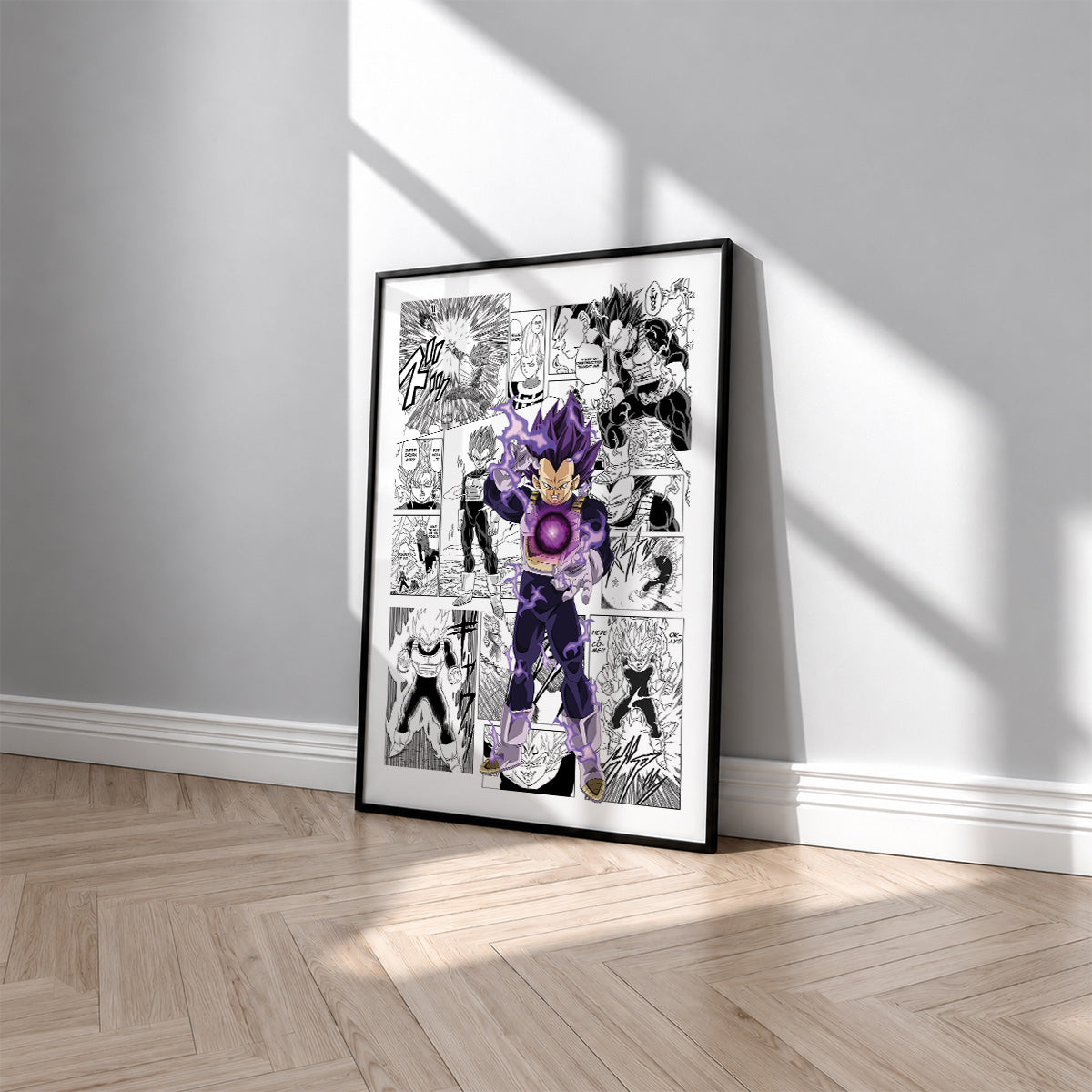 Vegeta Ultra Ego manga poster inspired by Dragon Ball in a black frame against a light gray wall