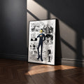 Vinsmoke Sanji manga poster inspired by One Piece in a black frame against a charcoal gray wall