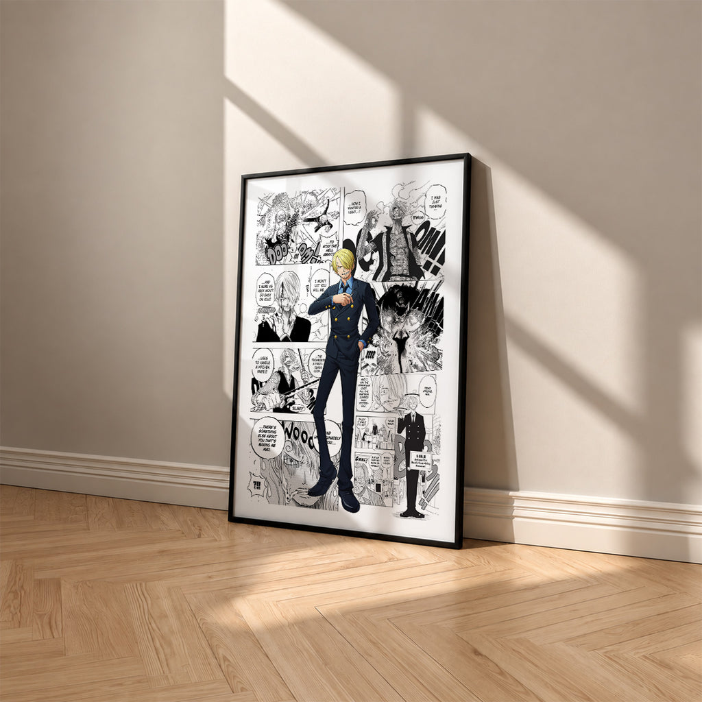 Vinsmoke Sanji manga poster inspired by One Piece in a black frame against a warm beige wall