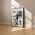 Vinsmoke Sanji manga poster inspired by One Piece in a black frame against a warm beige wall