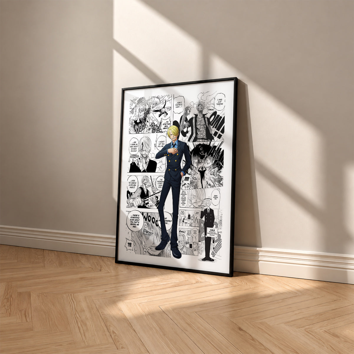 Vinsmoke Sanji manga poster inspired by One Piece in a black frame against a warm beige wall