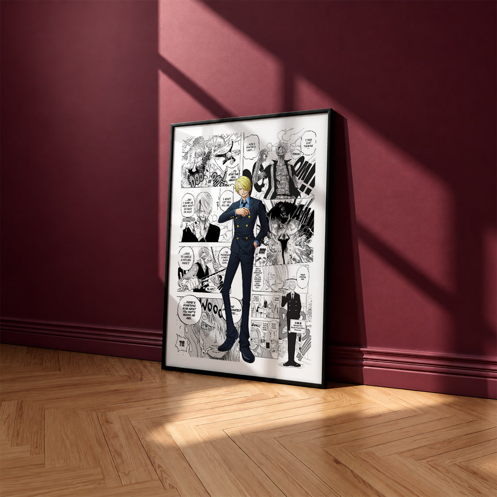 Vinsmoke Sanji manga poster inspired by One Piece in a black frame against a burgundy wall