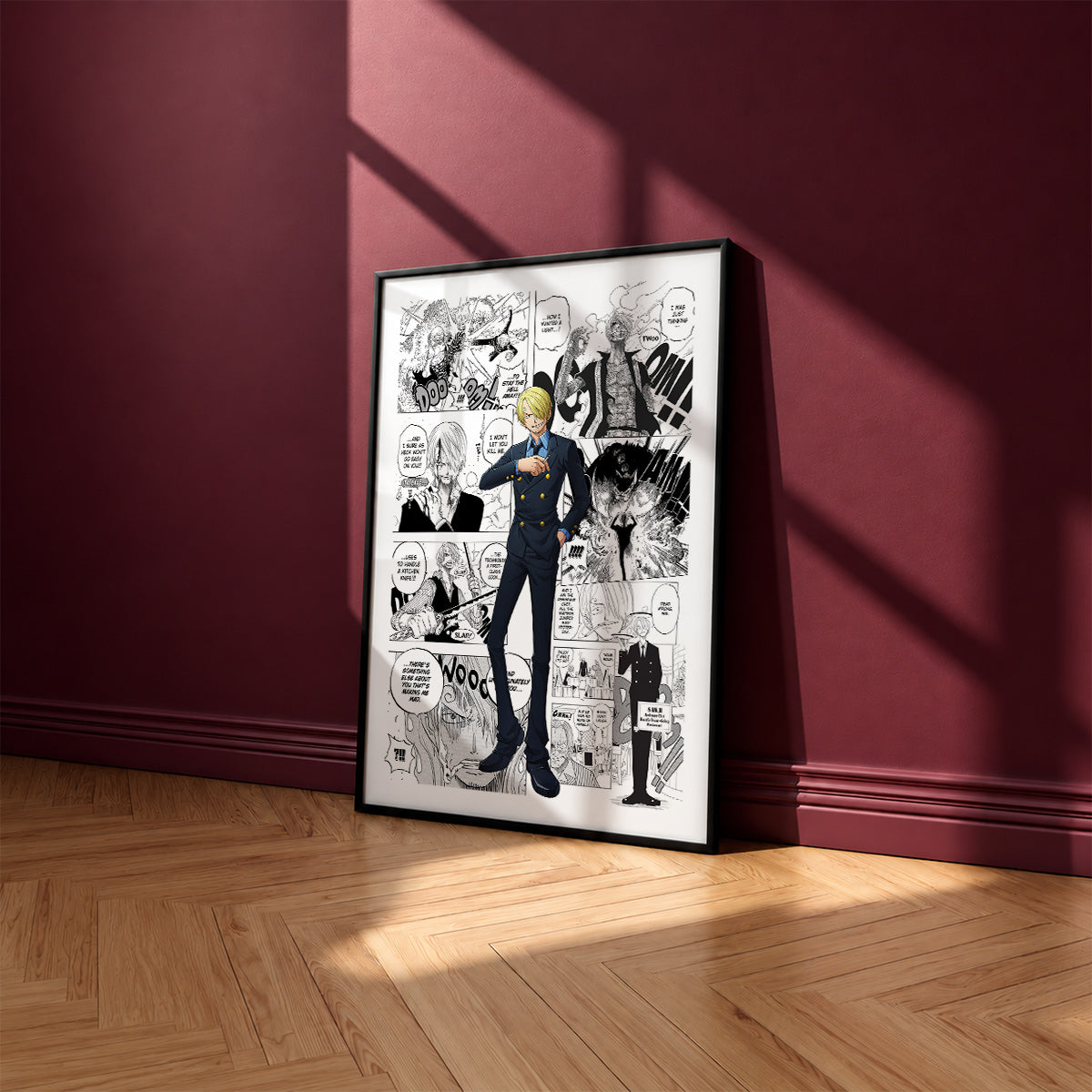 Vinsmoke Sanji manga poster inspired by One Piece in a black frame against a burgundy wall