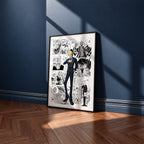 Vinsmoke Sanji manga poster inspired by One Piece in a black frame against a navy blue wall