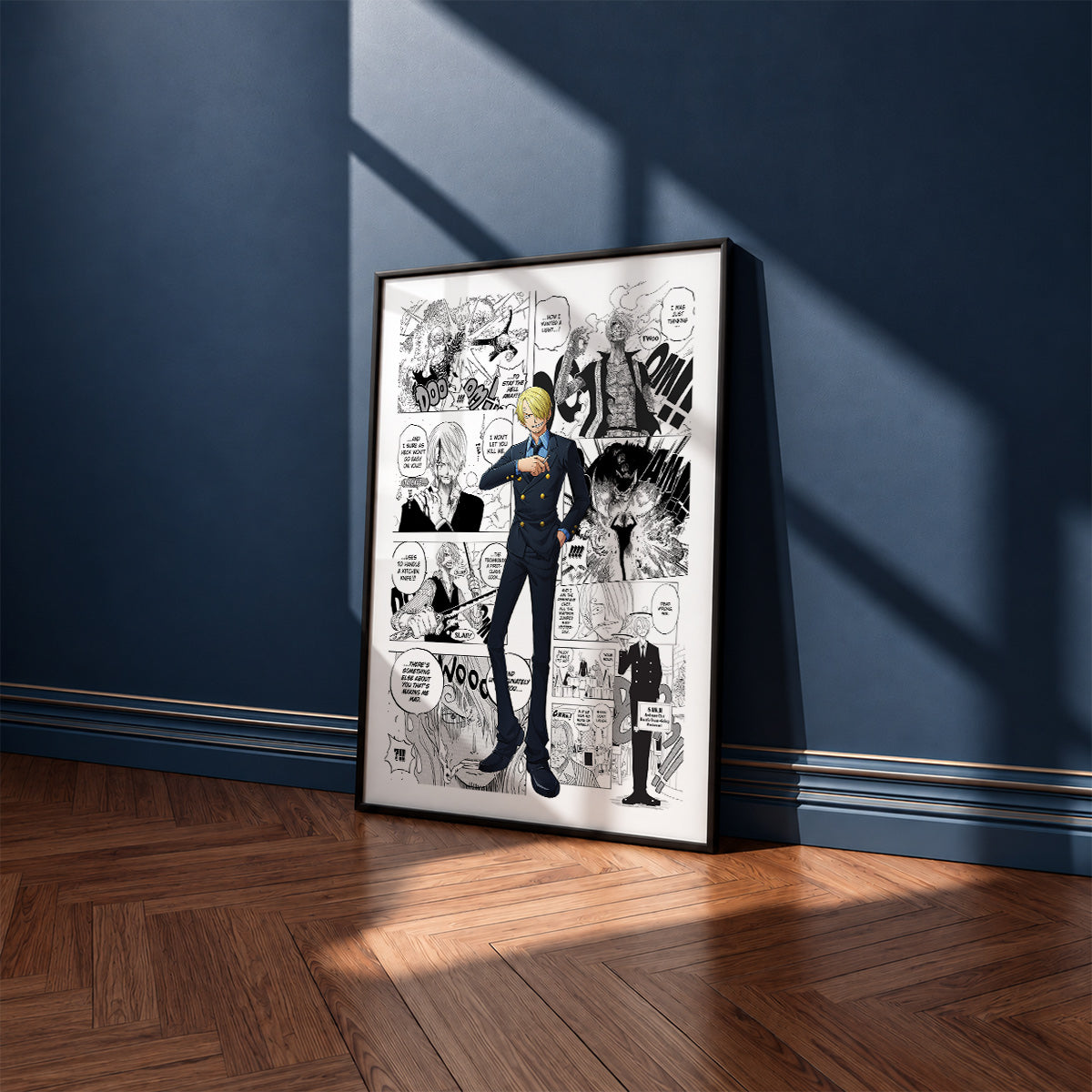 Vinsmoke Sanji manga poster inspired by One Piece in a black frame against a navy blue wall
