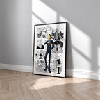 Vinsmoke Sanji manga poster inspired by One Piece in a black frame against a light gray wall