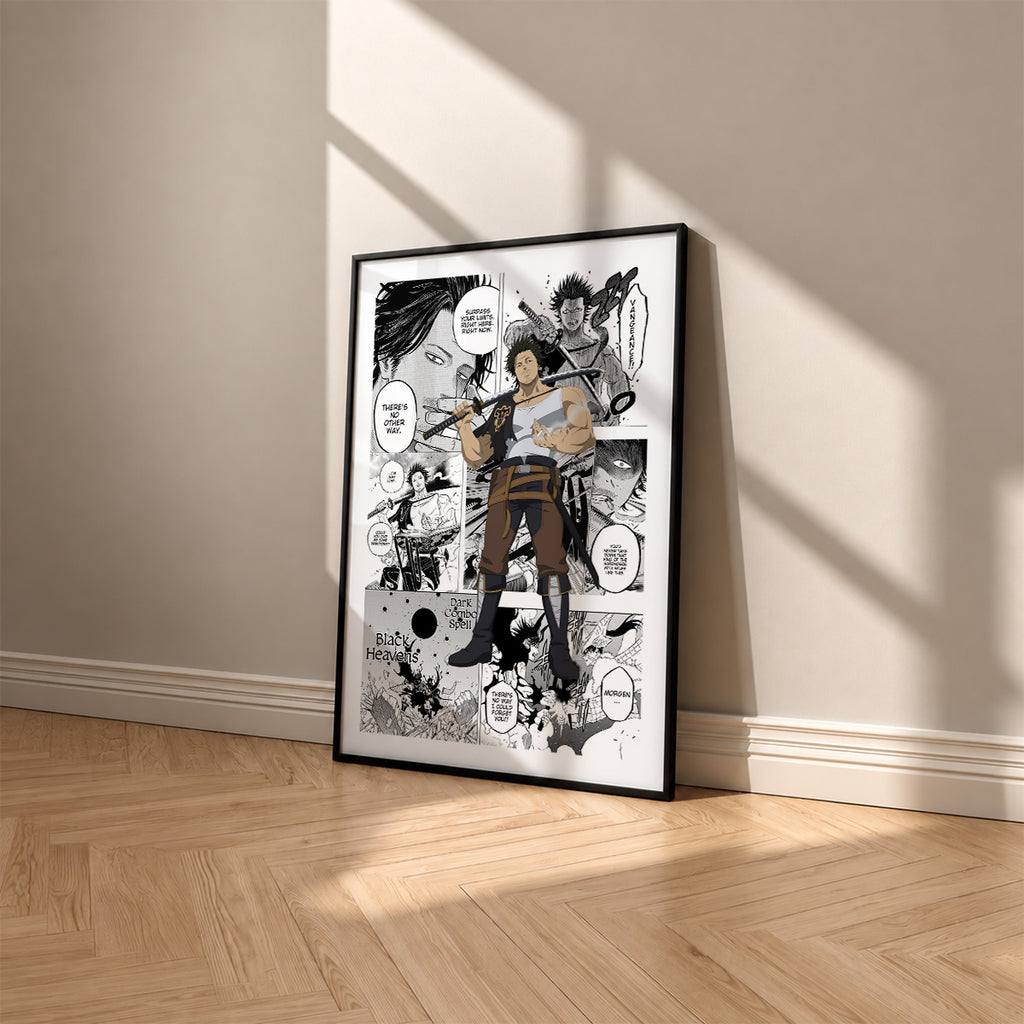 Yami Sukehiro manga poster inspired by Black Clover in a black frame against a warm beige wall