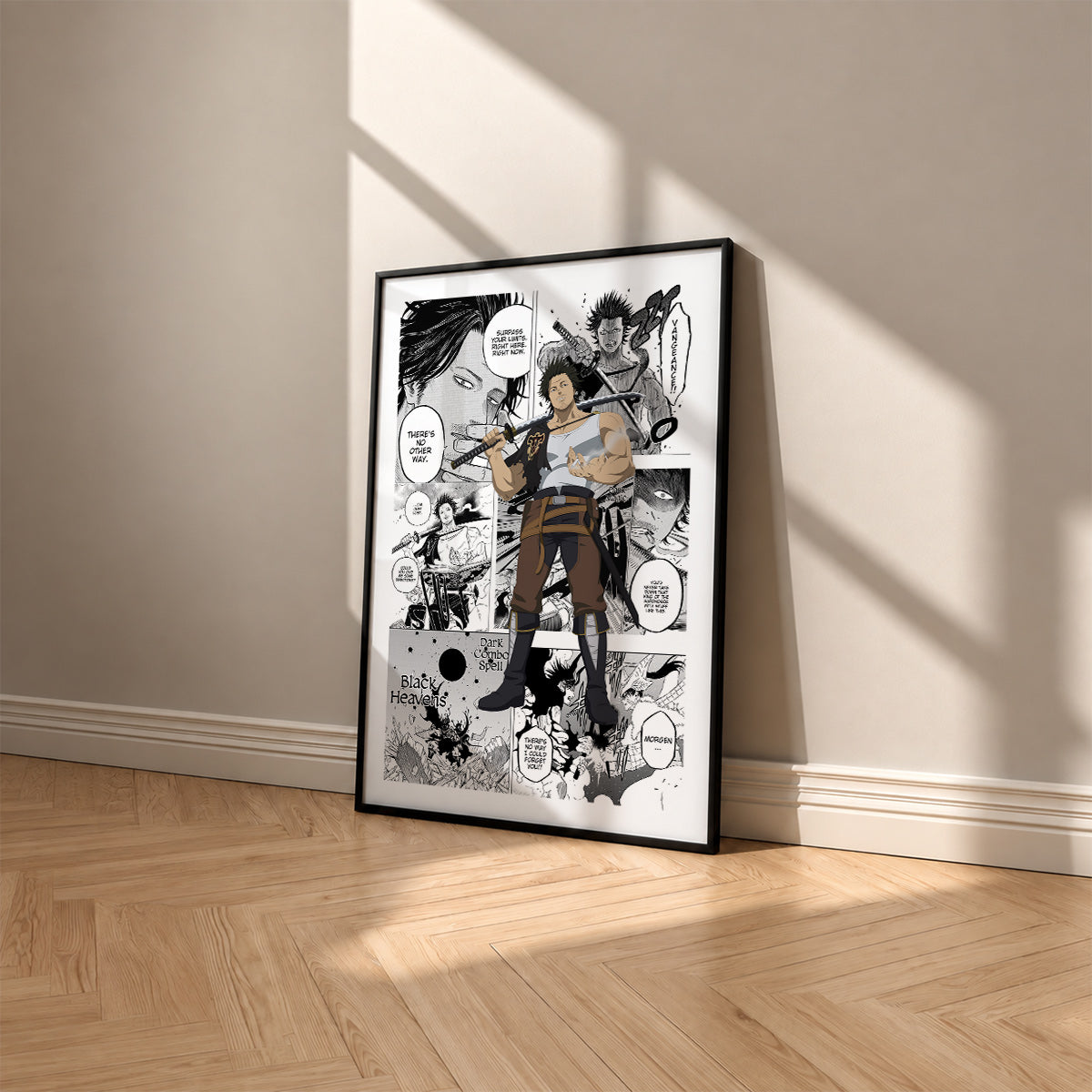 Yami Sukehiro manga poster inspired by Black Clover in a black frame against a warm beige wall