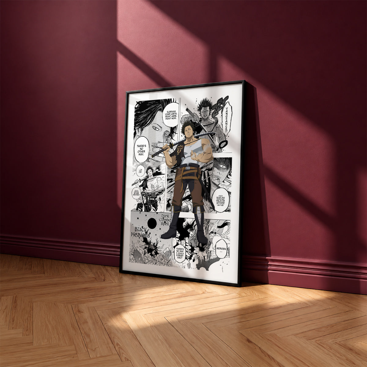 Yami Sukehiro manga poster inspired by Black Clover in a black frame against a burgundy wall