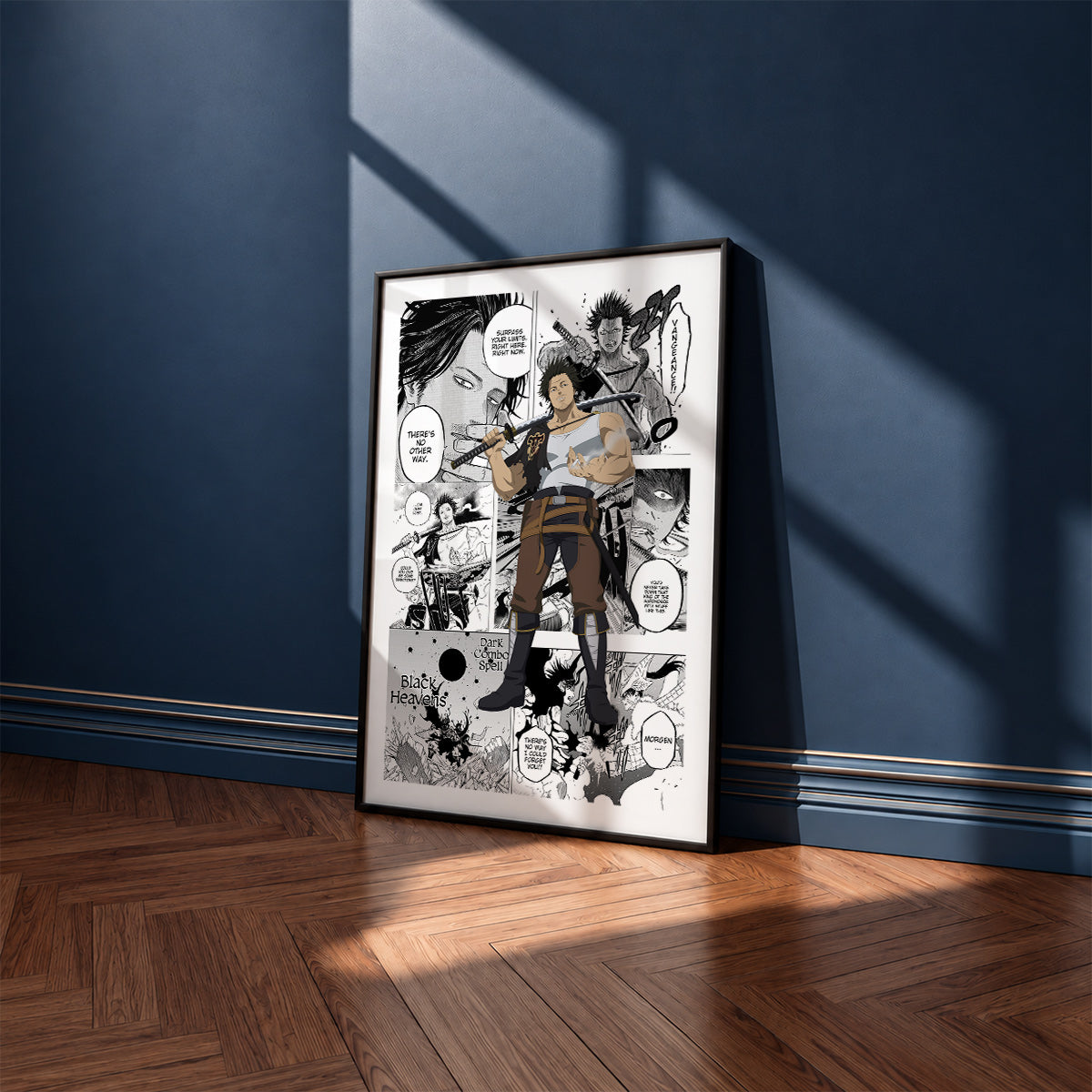 Yami Sukehiro manga poster inspired by Black Clover in a black frame against a navy blue wall