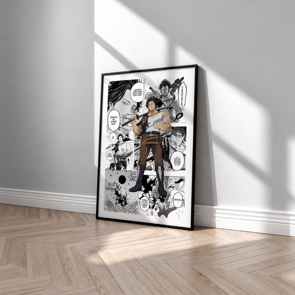 Yami Sukehiro manga poster inspired by Black Clover in a black frame against a light gray wall