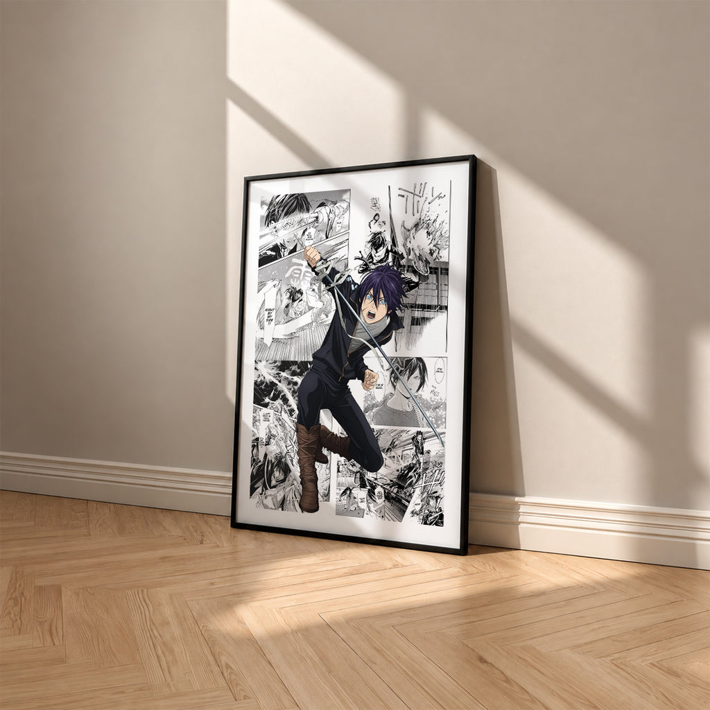 Yato manga poster inspired by Noragami in a black frame against a warm beige wall
