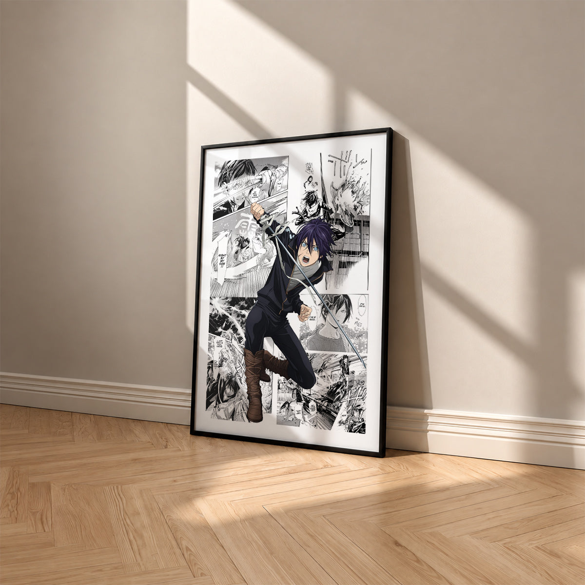Yato manga poster inspired by Noragami in a black frame against a warm beige wall