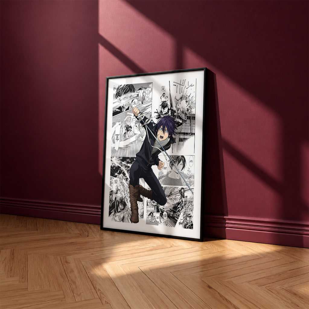 Yato manga poster inspired by Noragami in a black frame against a burgundy wall