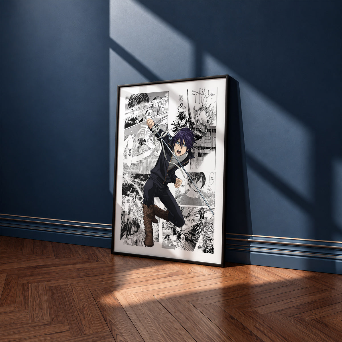 Yato manga poster inspired by Noragami in a black frame against a navy blue wall