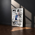 Yoichi Isagi and Sae Itoshi manga poster inspired by Blue Lock in a black frame against a charcoal gray wall