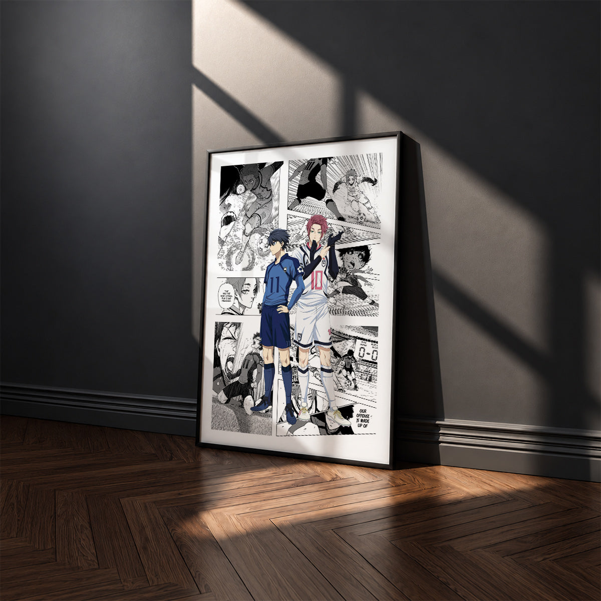 Yoichi Isagi and Sae Itoshi manga poster inspired by Blue Lock in a black frame against a charcoal gray wall