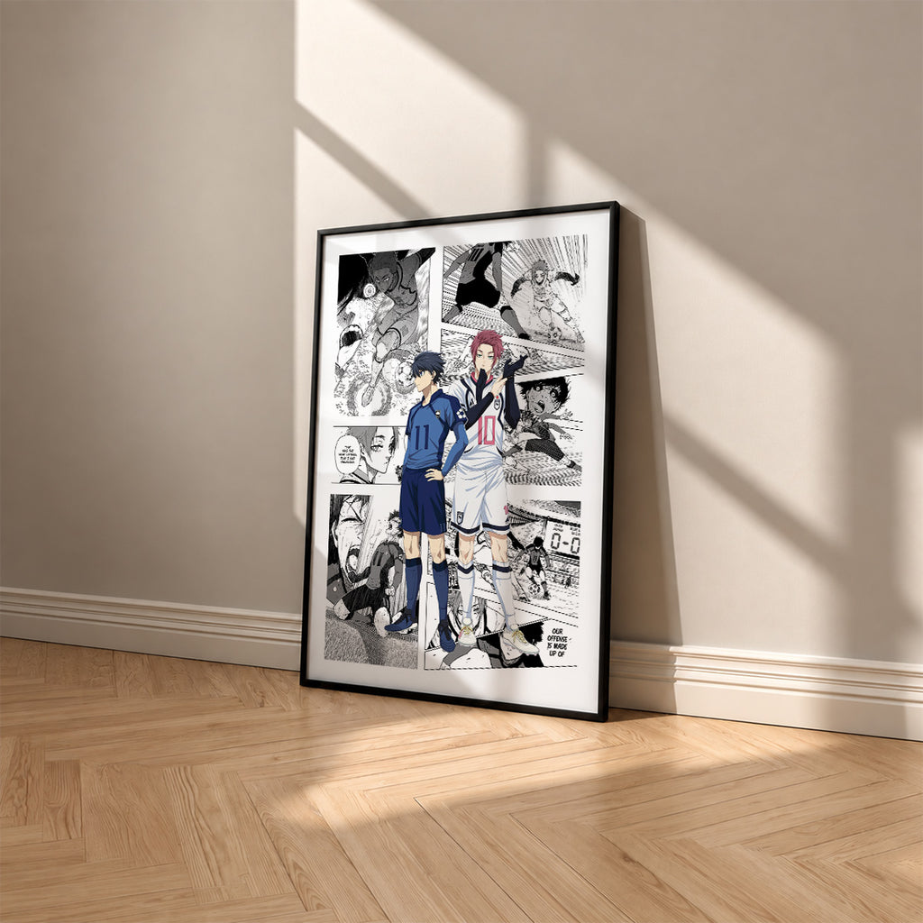 Yoichi Isagi and Sae Itoshi manga poster inspired by Blue Lock in a black frame against a warm beige wall