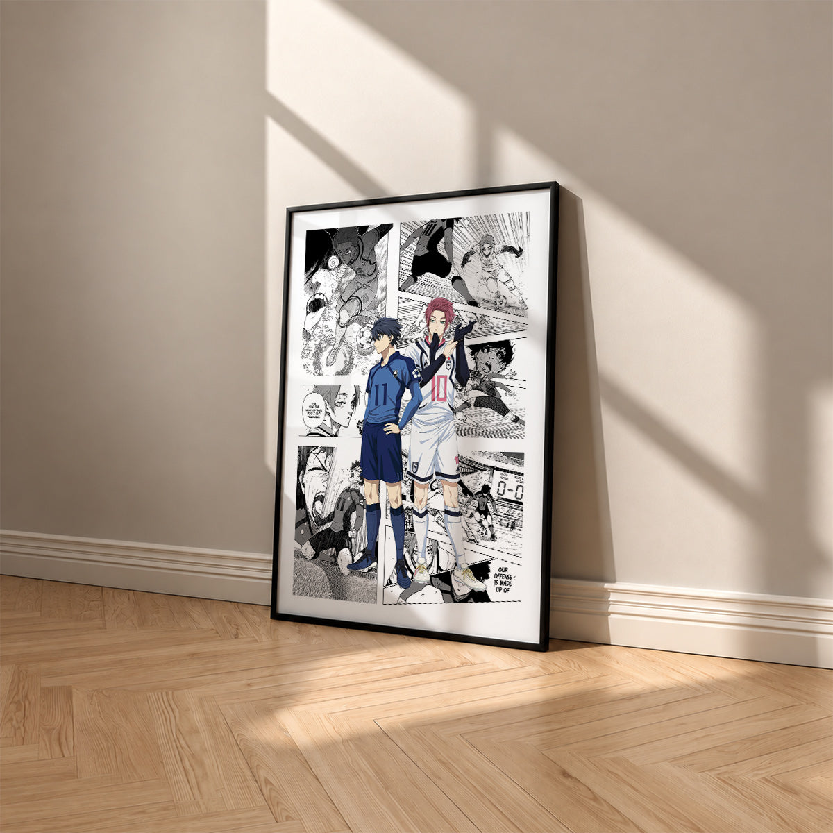 Yoichi Isagi and Sae Itoshi manga poster inspired by Blue Lock in a black frame against a warm beige wall