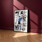 Yoichi Isagi and Sae Itoshi manga poster inspired by Blue Lock in a black frame against a burgundy wall