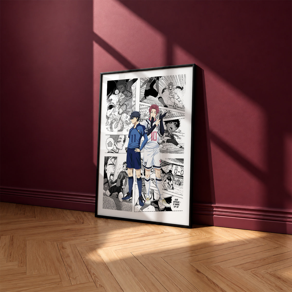 Yoichi Isagi and Sae Itoshi manga poster inspired by Blue Lock in a black frame against a burgundy wall