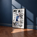 Yoichi Isagi and Sae Itoshi manga poster inspired by Blue Lock in a black frame against a navy blue wall