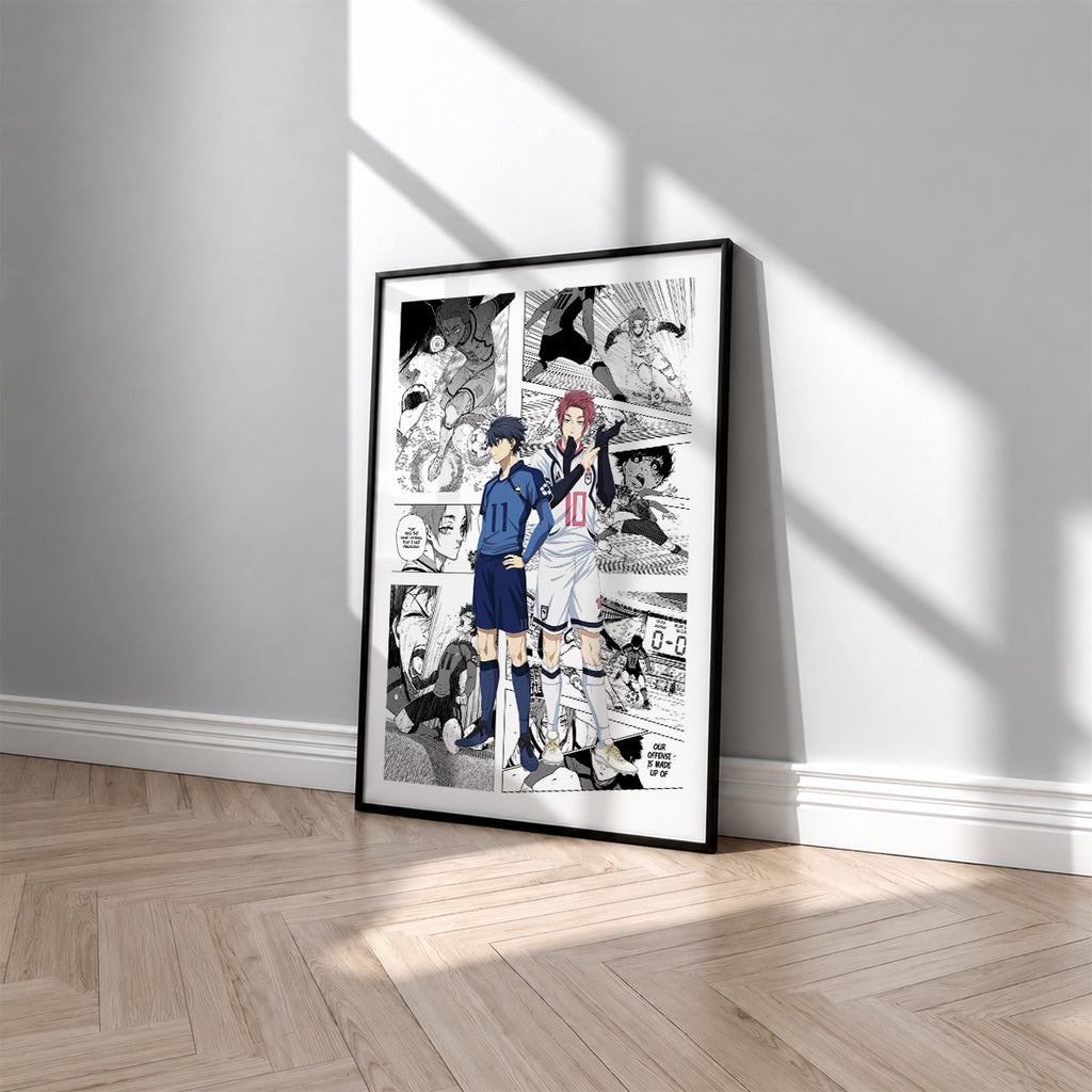 Yoichi Isagi and Sae Itoshi manga poster inspired by Blue Lock in a black frame against a light gray wall
