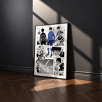 Yoichi Isagi manga poster inspired by Blue Lock in a black frame against a charcoal gray wall