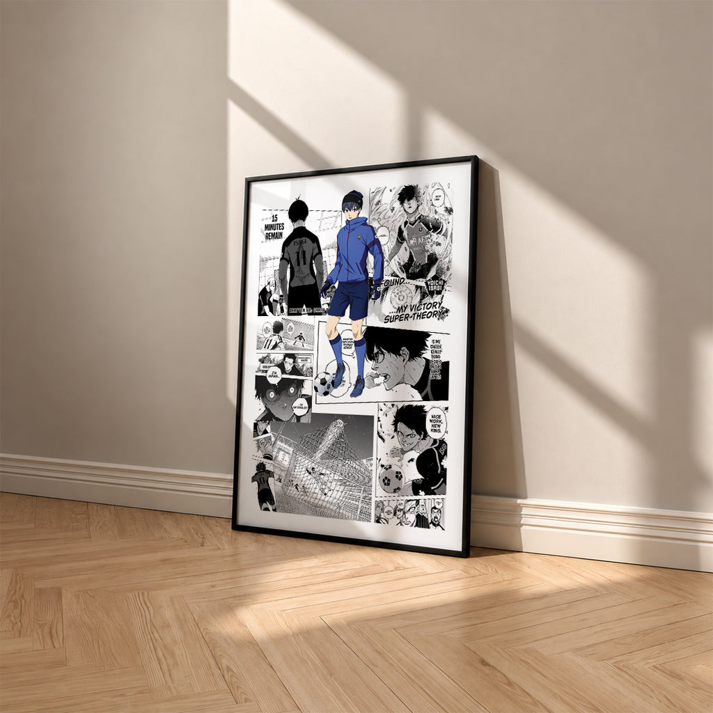 Yoichi Isagi manga poster inspired by Blue Lock in a black frame against a warm beige wall