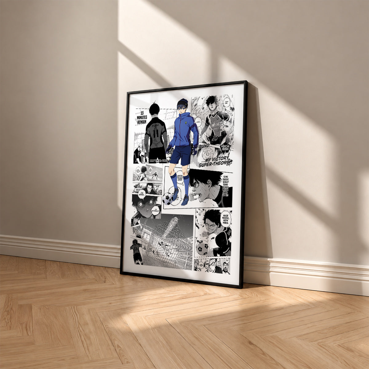 Yoichi Isagi manga poster inspired by Blue Lock in a black frame against a warm beige wall