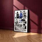 Yoichi Isagi manga poster inspired by Blue Lock in a black frame against a burgundy wall