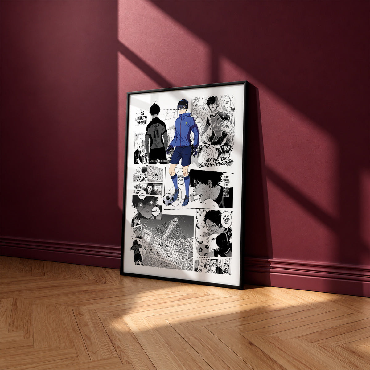 Yoichi Isagi manga poster inspired by Blue Lock in a black frame against a burgundy wall