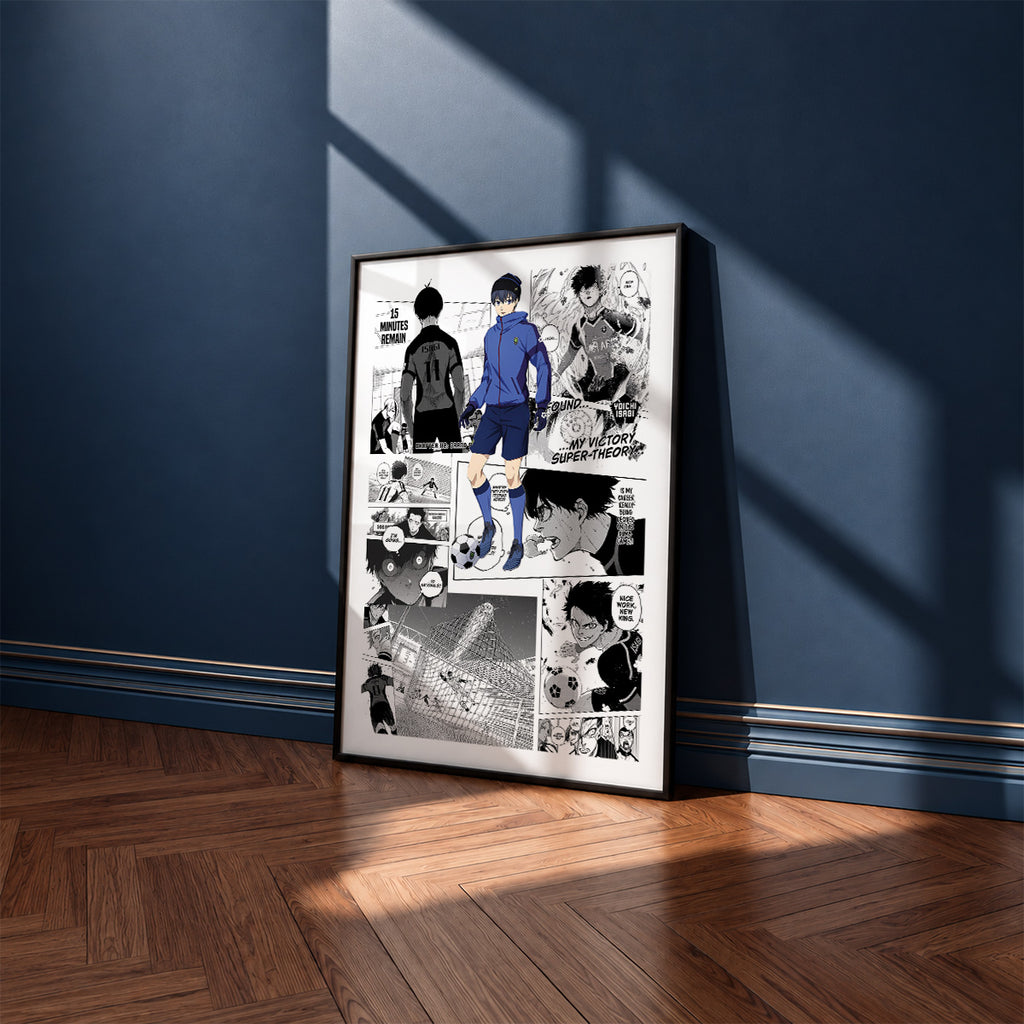 Yoichi Isagi manga poster inspired by Blue Lock in a black frame against a navy blue wall