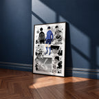 Yoichi Isagi manga poster inspired by Blue Lock in a black frame against a navy blue wall