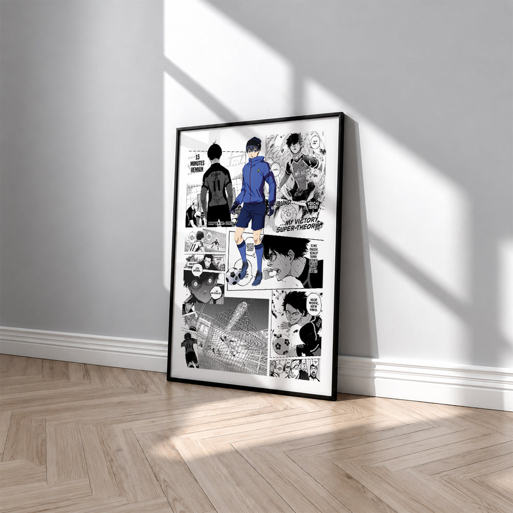 Yoichi Isagi manga poster inspired by Blue Lock in a black frame against a light gray wall