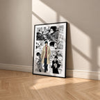 Yoichi Nagumo manga poster inspired by Sakamoto Days in a black frame against a warm beige wall
