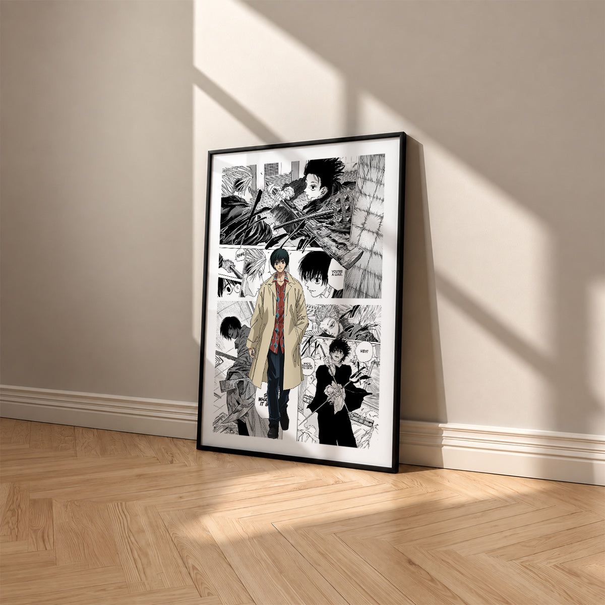 Yoichi Nagumo manga poster inspired by Sakamoto Days in a black frame against a warm beige wall