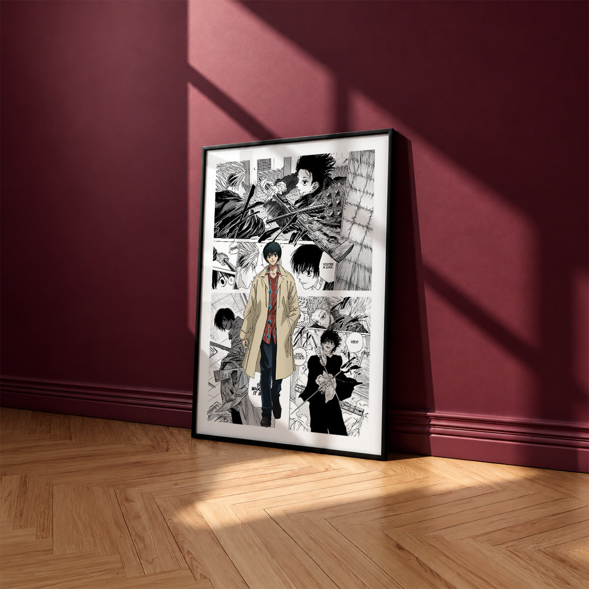 Yoichi Nagumo manga poster inspired by Sakamoto Days in a black frame against a burgundy wall