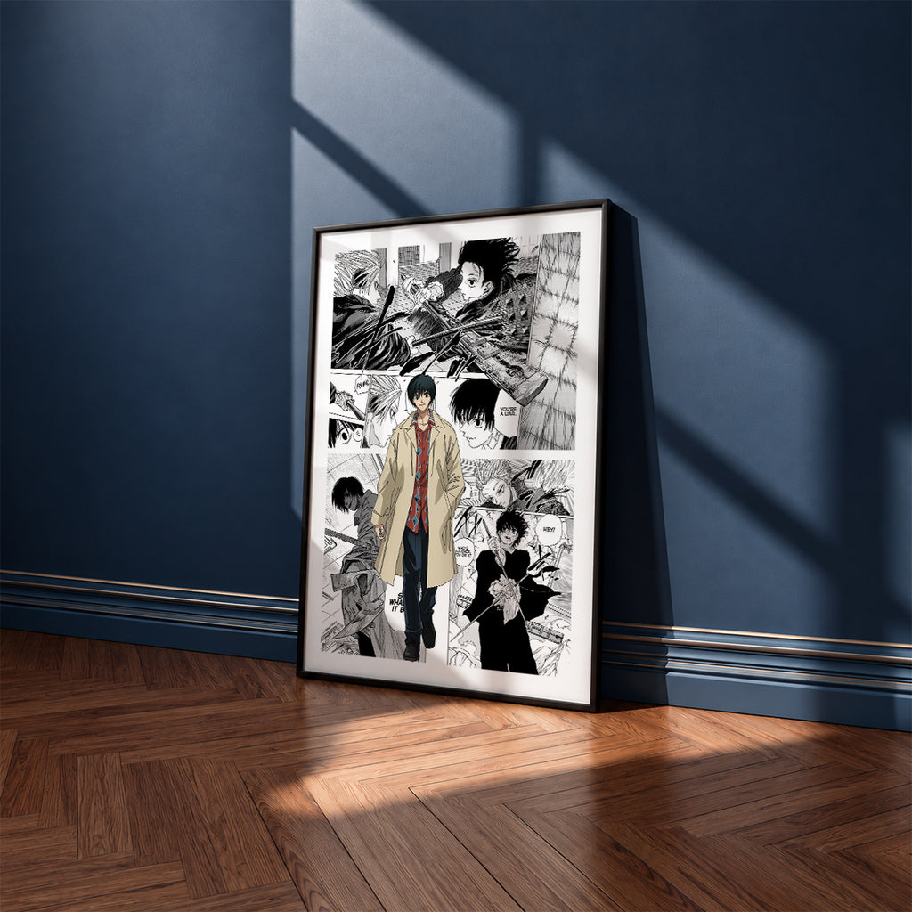 Yoichi Nagumo manga poster inspired by Sakamoto Days in a black frame against a navy blue wall