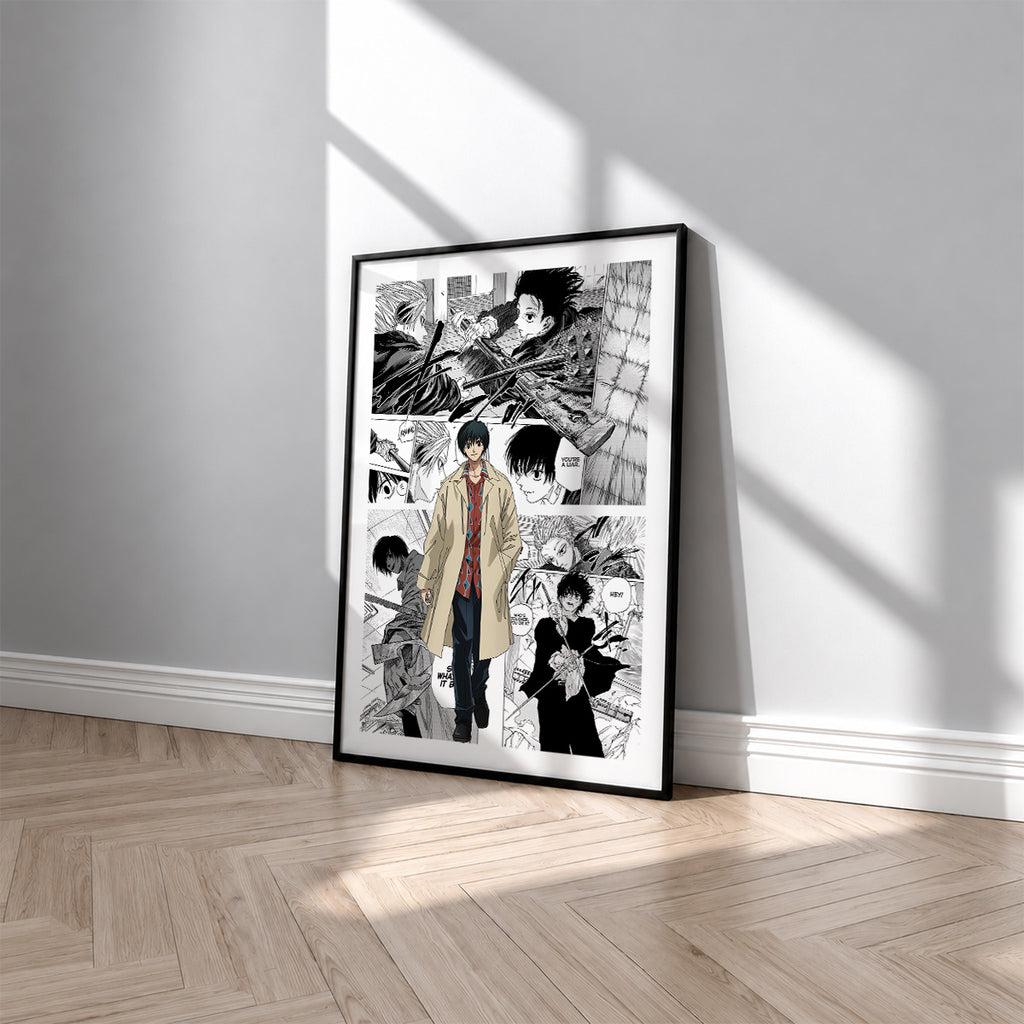 Yoichi Nagumo manga poster inspired by Sakamoto Days in a black frame against a light gray wall