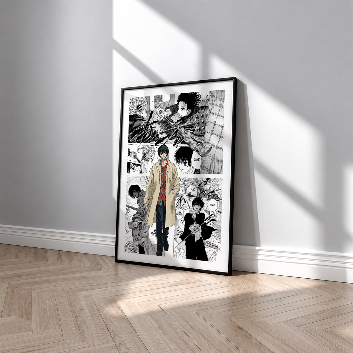 Yoichi Nagumo manga poster inspired by Sakamoto Days in a black frame against a light gray wall