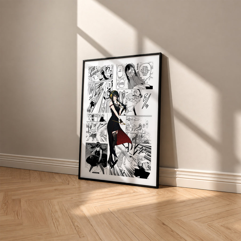 Yor Forger manga poster inspired by Spy x Family in a black frame against a warm beige wall