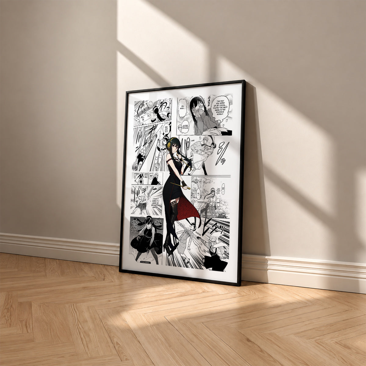 Yor Forger manga poster inspired by Spy x Family in a black frame against a warm beige wall